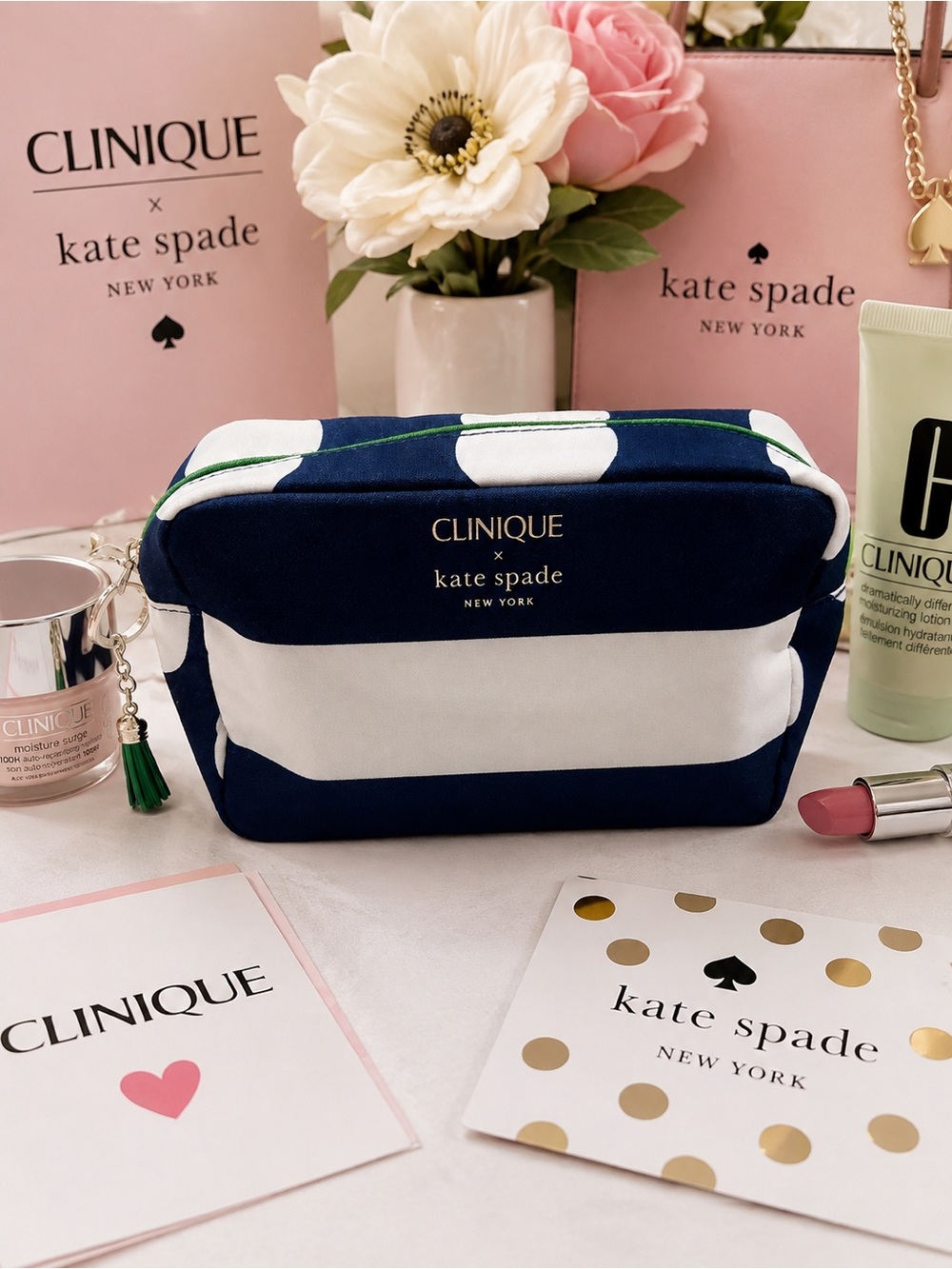 Clinique x Kate Spade Navy & White Striped Cosmetic Pouch